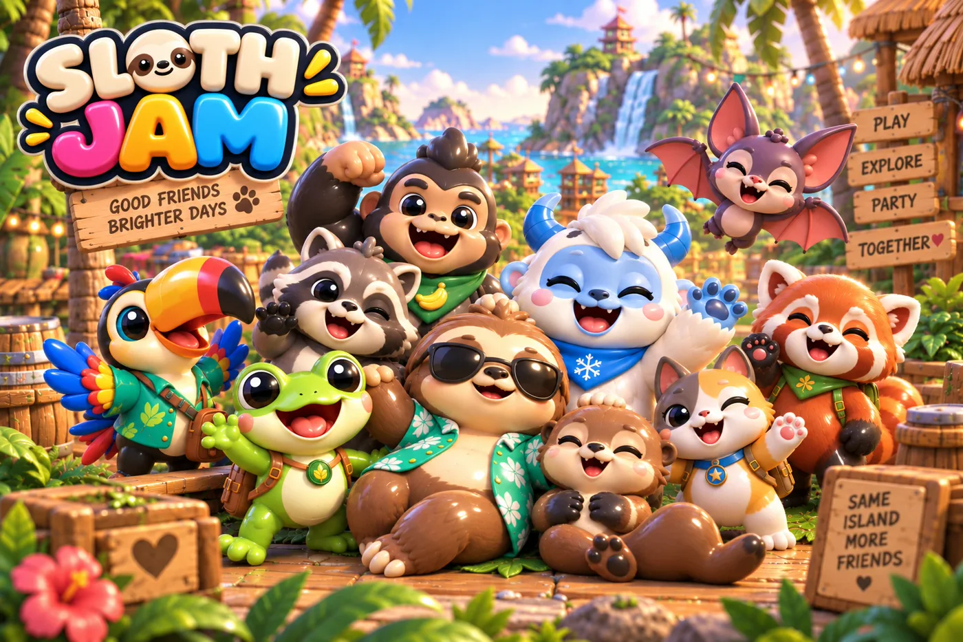 Illustration: the sloth in sunglasses with the islanders around it, a toucan, frog, raccoon, gorilla, yeti, bat, otter, cat and red panda