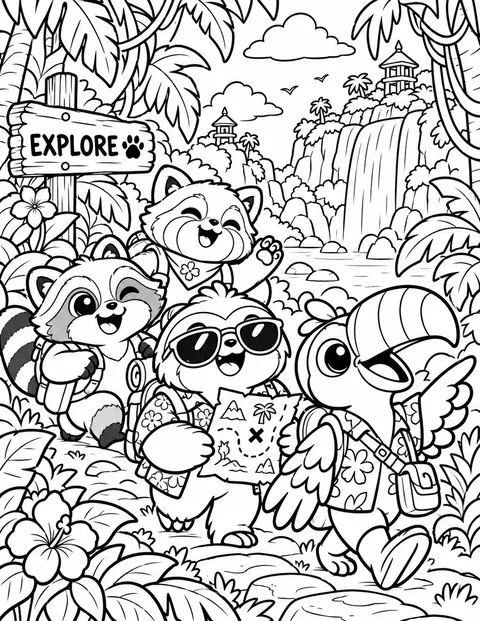 Friends exploring the jungle with a treasure map