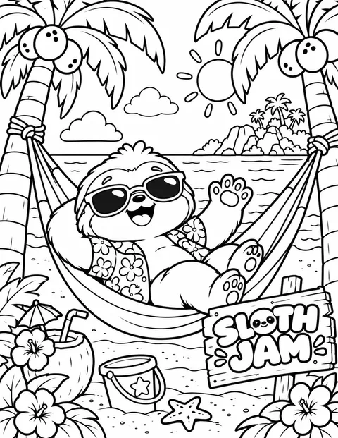 The sloth relaxing in a hammock on the beach