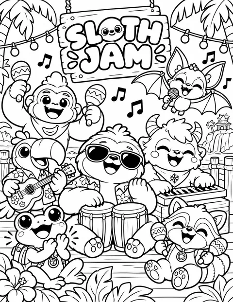 The Sloth Jam band playing drums, ukulele and keys
