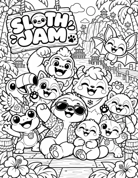 Sloth Jam island: the whole gang on the dock