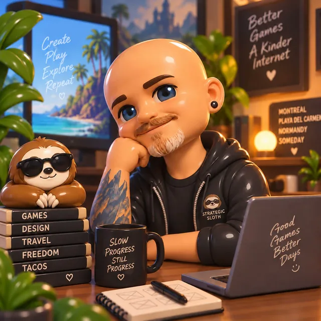 Remi Couture, drawn as a cartoon at a desk with a sloth figure and a mug that says Slow progress, still progress