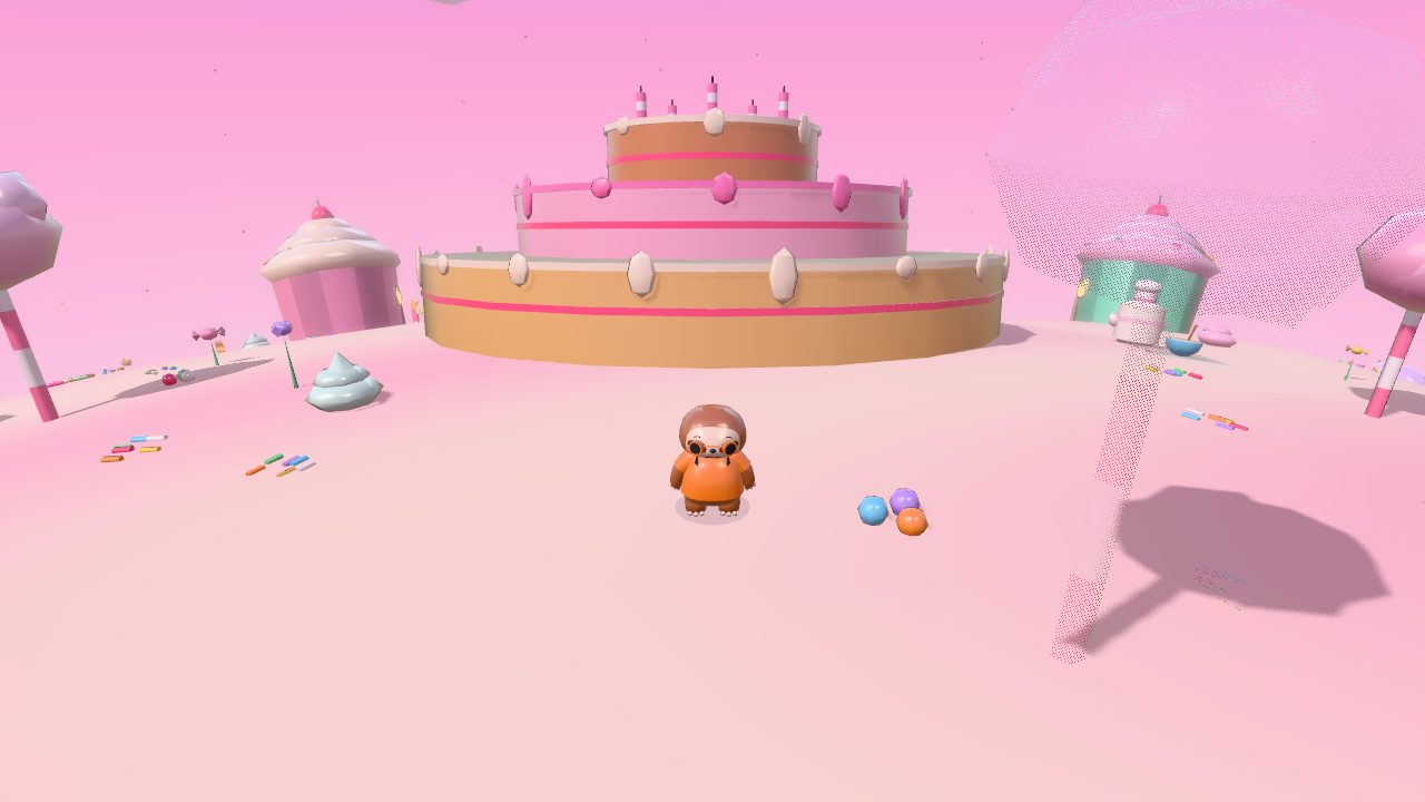 Candy Comet: a giant three-layer cake on pink frosting, with cupcake cottages