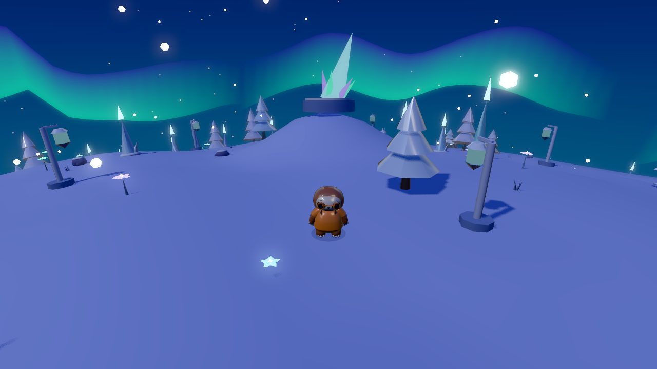 Frostfluff Moon: snowy pines and ice under green northern lights in Aurora Hollow