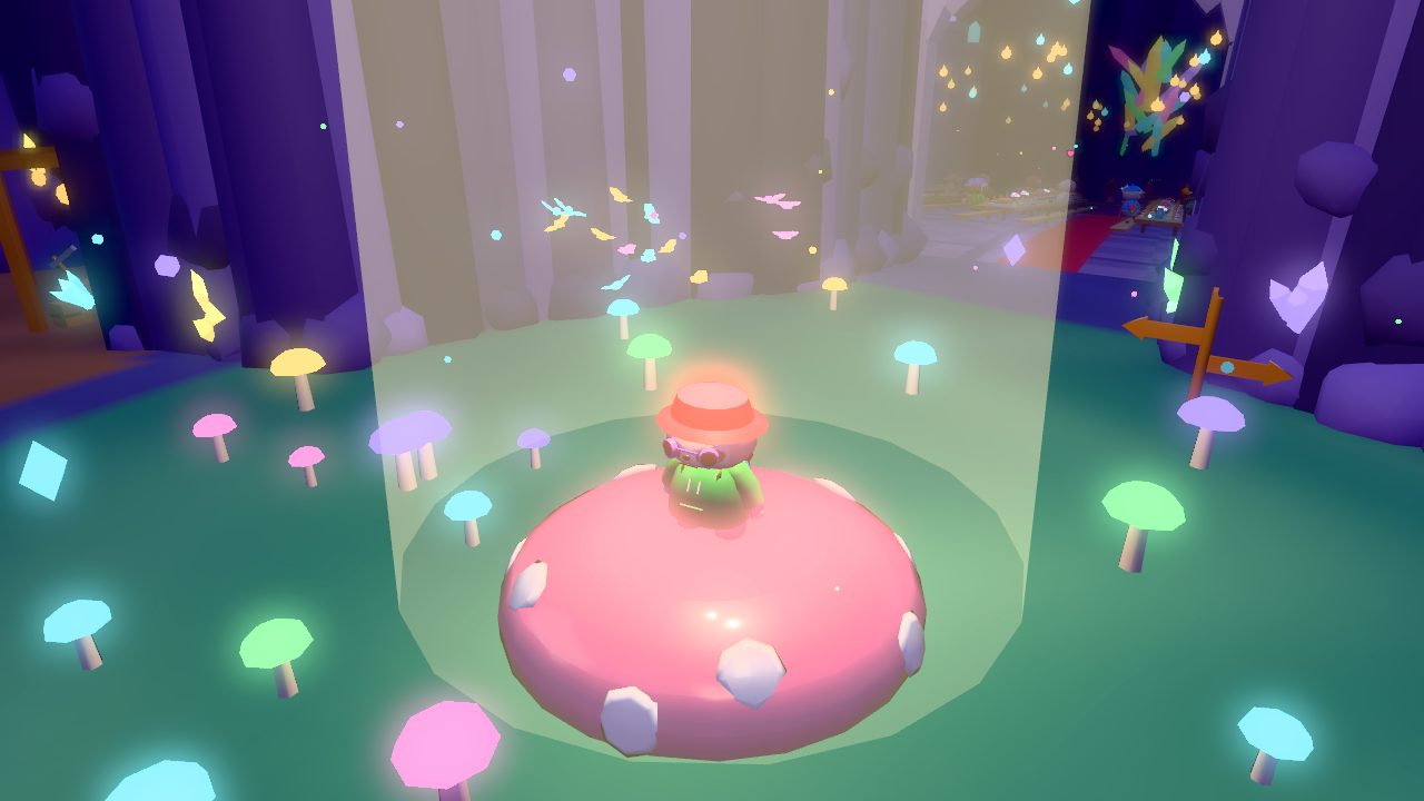 The Glowdeep: glowing mushrooms and crystals around a big pink landing mushroom in the caves under the island