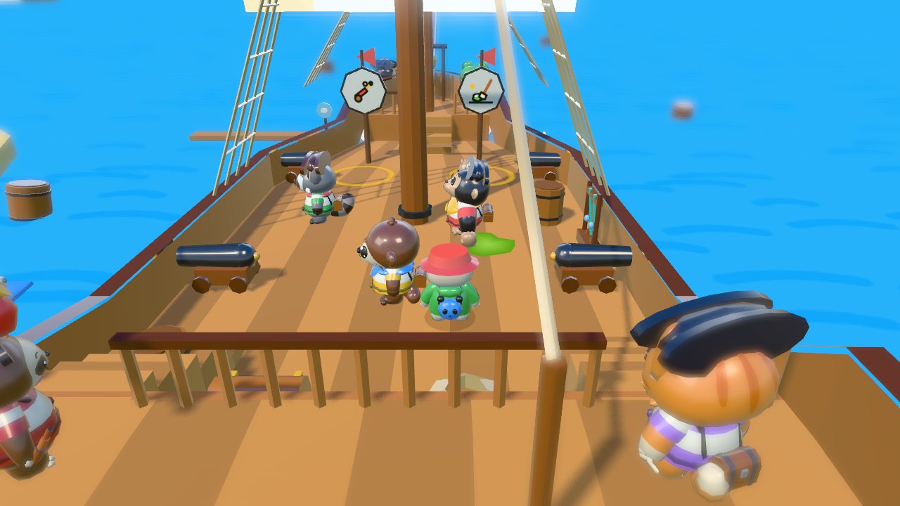 The deck of the pirate ship, with cannons, masts and an animal crew