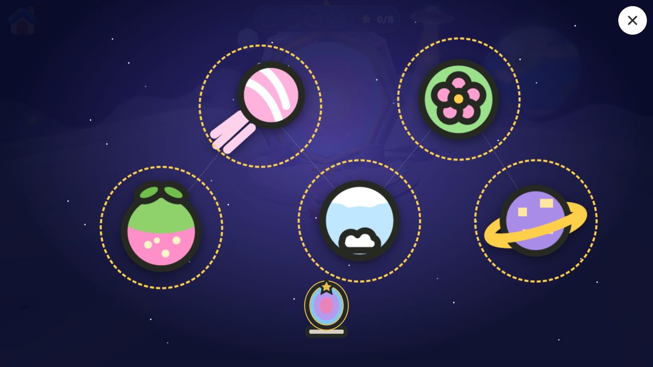 The star map with all five planets open: Starberry Planet, Candy Comet, Frostfluff Moon, Bloomheart and Starlight Ruins