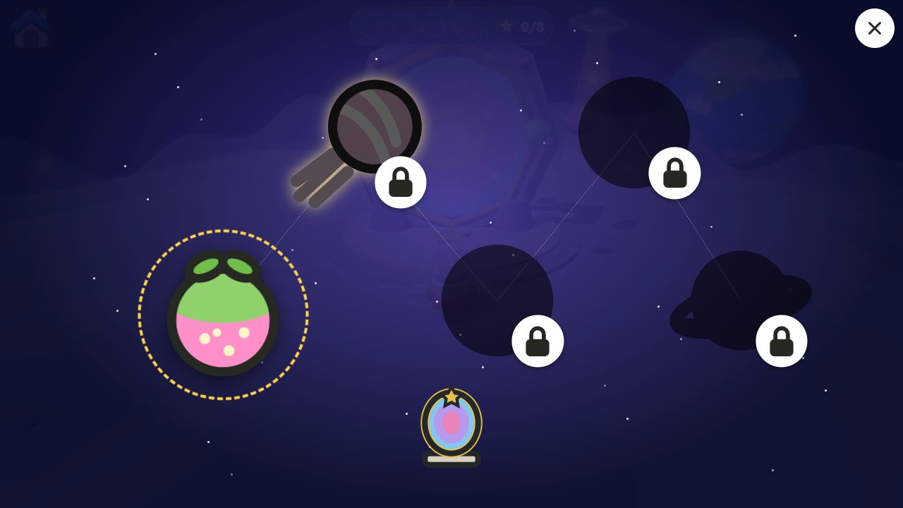 The star map on a first visit: Starberry Planet is open, the next planet glows, and the rest wait behind locks