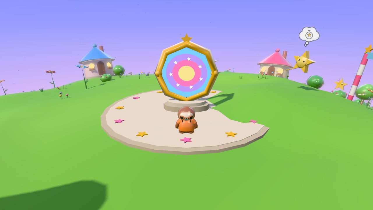 Landing on top of Starberry Planet, by its portal, with cottages and flowers around