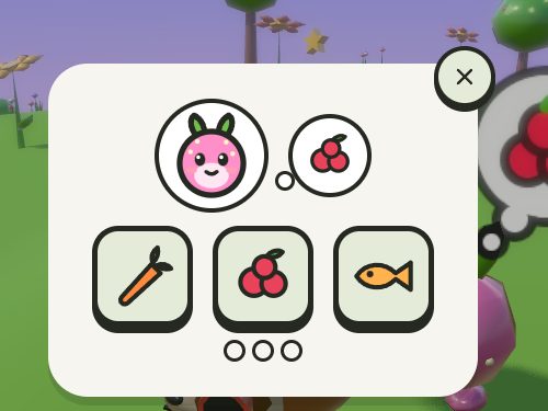 A befriend card: Berrybun is thinking of berries, and you pick the berries from three treats