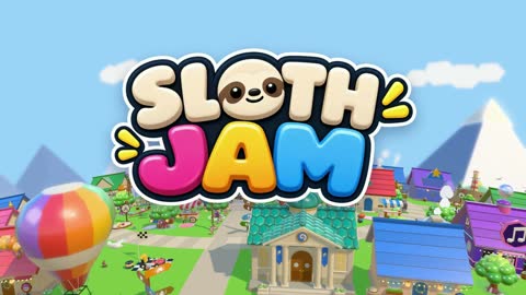 The animated Sloth Jam logo over the town