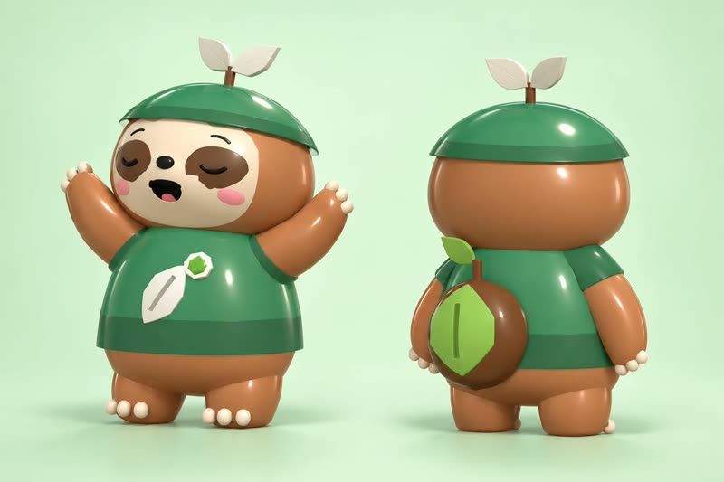 A sloth in the founder outfit: a sprout cap, a leaf vest and a seed pack