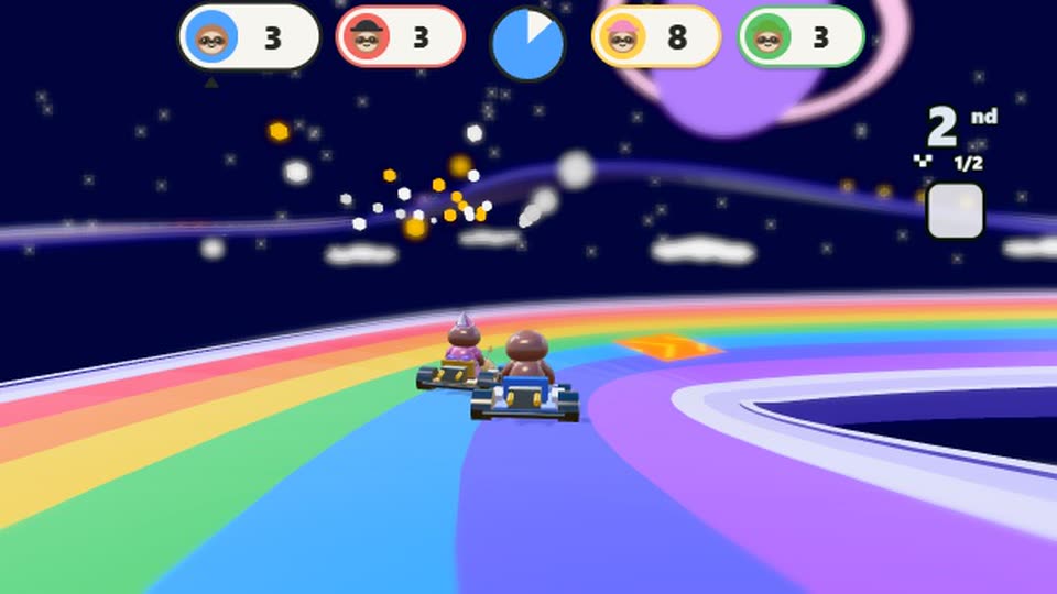 Karts racing on a rainbow road above the clouds in Sloth Kart