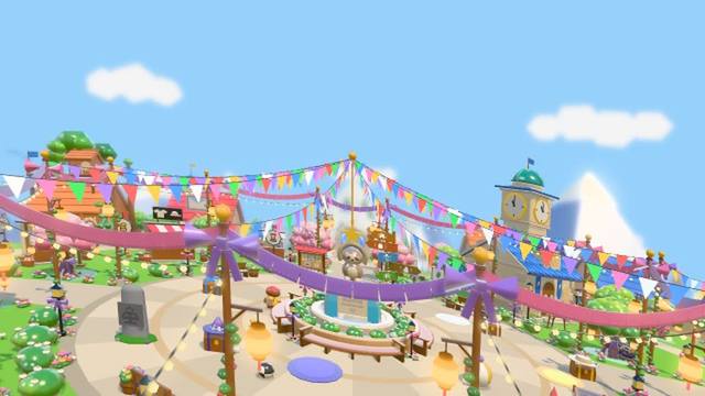 The sloth town in Sloth Jam on a sunny day, with houses, shops and game flags