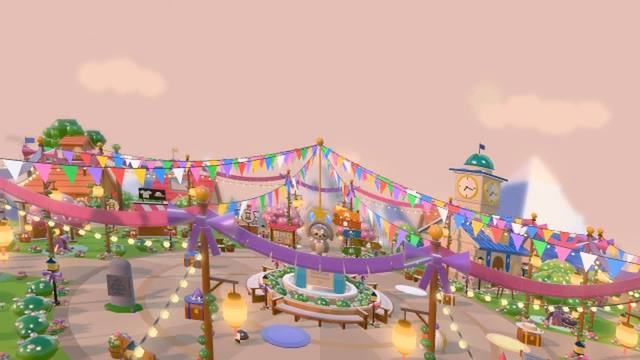 The Sloth Jam town at dusk, with lanterns, houses and sloths walking around