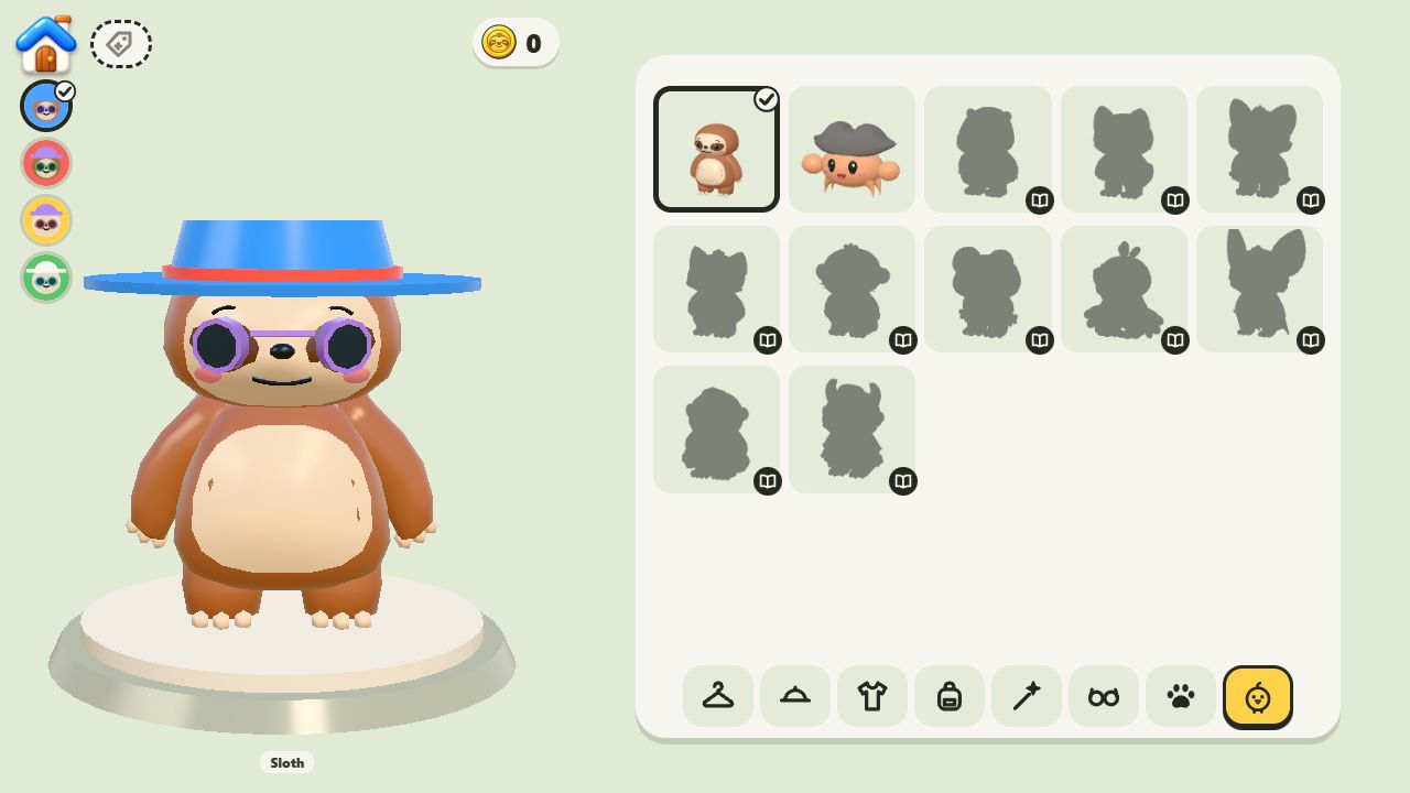 The character select with the sloth picked and Capt Crabs waiting in the list