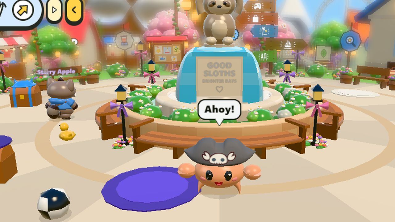 Capt Crabs arriving in the town square with an Ahoy speech bubble